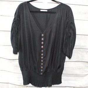 CLAUDIA RICHARD Black Silky Elastic Waist Faux Button Blouse